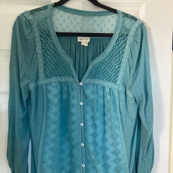 Anthropologie Meadow Rue Embroidered Teal Blue Long Sleeve Top XL - Picture 2 of 6